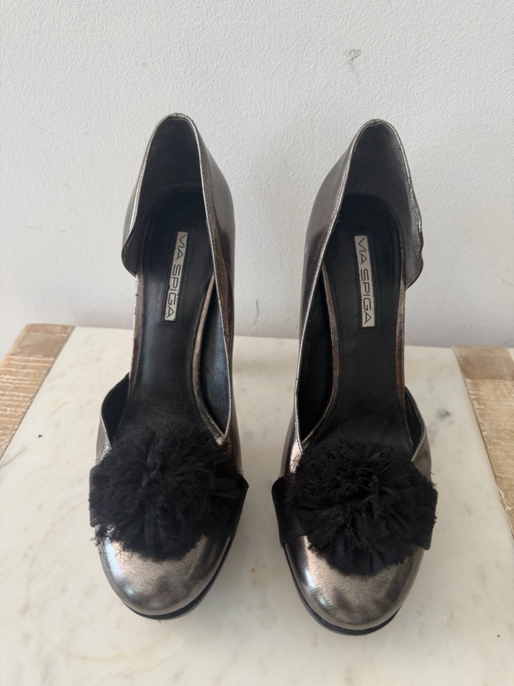 Via Spiga Metallic Silver-Black Pom-Pom Heels